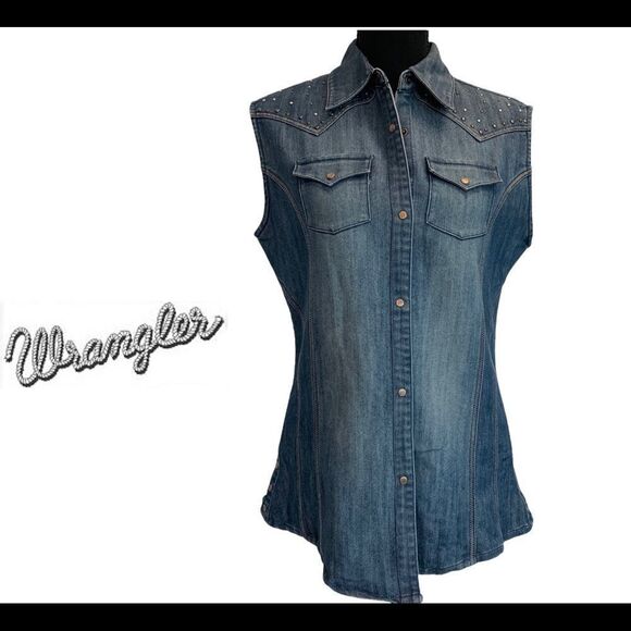 Wrangler sleeveless western cowgirl button front denim jean shirt stampede Sz S - Picture 1 of 9
